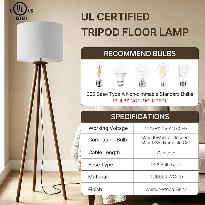 Buruis 60.6" Solid Wood Tripod Floor Lamp with 15.7" Large Linen Shade, Mid-Century Walnut Finish Standing Lamp for Living Room, Bedroom, Office, Corner, UL Listed, Bulb Not Included, Cream