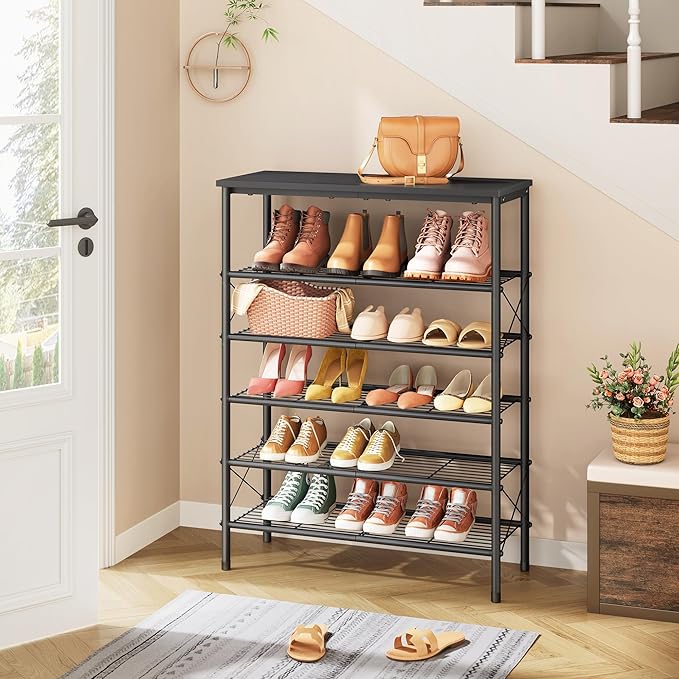 Tajsoon 6 Tier Shoe Rack Organizer for 20-24 Pairs of Shoes, Metal Mesh Shoe Shelf for Closet, Industrial Shoe Rack for Entryway Shoe Storage with X Shape Fixed Frame, Black