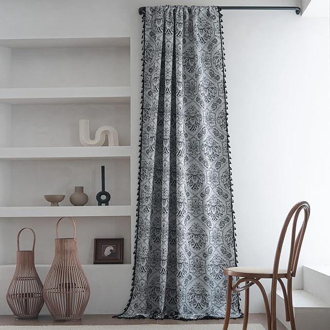 ENJOYBRIDAL Black Damask Curtains 96 Inches Long Semi Sheer Rod Pocket Drapes Bedroom Living Room 2 Panels Long Window Curtain Panels Boho Jacquard Medallion Pattern Light Filtering Window Treatments