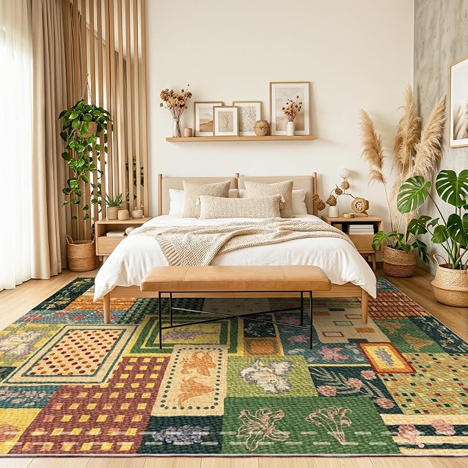 Flowers Patchwork Abstract 8x10 Area Rug, Green Soft Faux Wool Geometric Rugs for Living Room, Non Slip Low Pile Washable Indoor Carpet Rug for Bedroom, Entryway, Dining Room, Home Office Decor