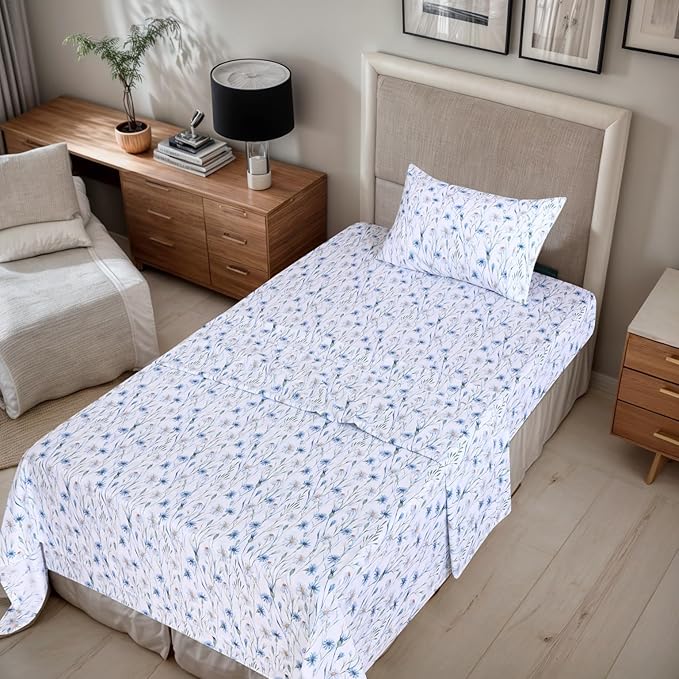 RUVANTI 100% Organic Cotton Sheets Twin Size, Percale Weave, GOTS Certified, 3-Piece Set, Deep Pocket 15", Crisp & Breathable, Soft Durable Bedding, Sábanas Algodón Orgánico – Daisy Bud