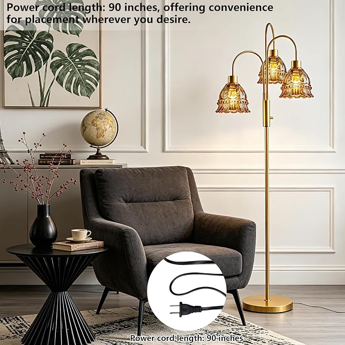 3-Light Glass Floor Lamp with Amber Ribbed Glass Shades, 70" Gold Dimmable Tall Standing Lamp with 3PCS 3000K Warm White Bulbs, Modern Tree Pole Lamp for Living Room Bedroom Home Office Corner Decor