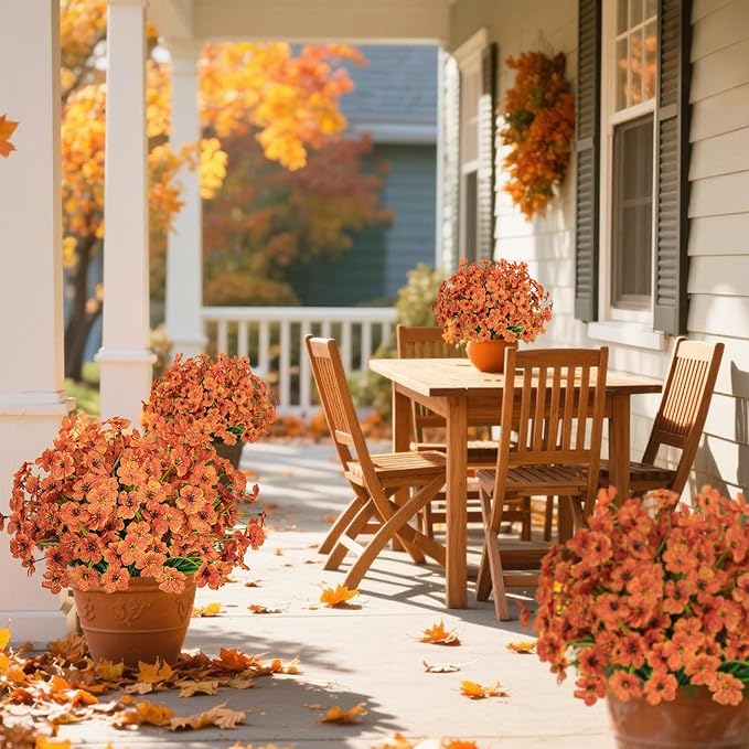 Ouddy Decor 24 Bundles Artificial Fall Flowers for Outdoors Fake Mums Fall Silk Flowers UV Resistant Faux Plastic Plants for Indoor Outdoor Vase Box Garden Porch Window Box Home Autumn Decor, Orange