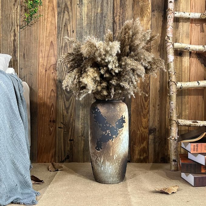 Black Rustic Ceramic Tall Floor Vase, 15.7 Inch Vintage Large Farmhouse Vase Pottery Clay Terracotta Rustic Vases for Home Decor Living Room Entryway Table Centerpieces,Kitchen,Housewarming Gifts