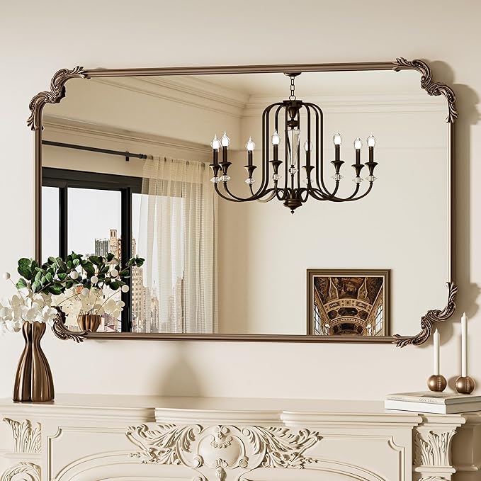 TETOTE Baroque Gold Antique Brass Scroll Wall Mirror 48 x 30 Vintage Rectangle Framed Baroque French Rectangular Mirror for Mantle Fireplace Bathroom Living Room, Horizontal/Vertical