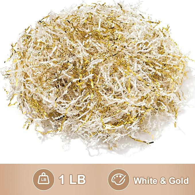 Wowxyz 1 LB Crinkle Cut Paper Shred White & Gold Crinkle Shredded Paper for Gift Baskets - Gift Box Bag Filler - Confetti Stuffing for Birthday, Holiday Present Packaging Wrapping
