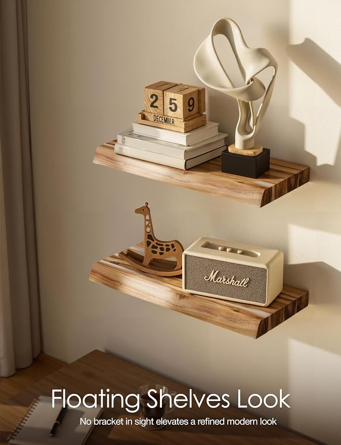 BATODA 17” Acacia Live Edge Floating Shelves, Wooden Floating Shelves for Wall - Set of 2 Floating Book Shelves, Book Shelf for Wall - Mounted Shelf, House Decor with Hardware (Natural Color)