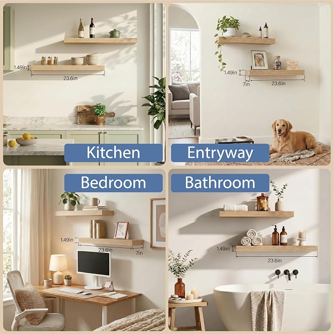Oak Floating Shelves for Bathroom & Living Room Decor, 24 Inch Rustic Wood Wall Mounted Shelves for Plants, Books, Towels & Storage Display, Set of 2