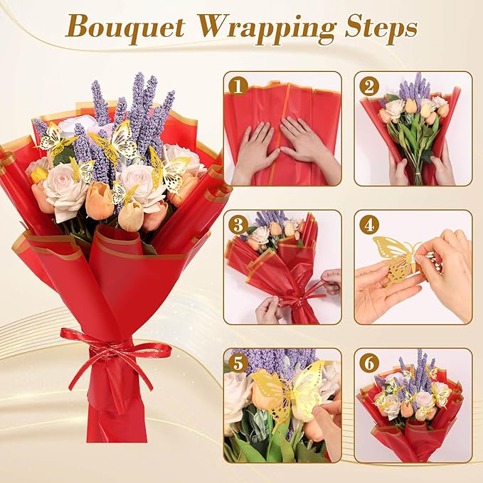cridoz 20 Sheets Flower Bouquet Wrapping Paper with 12 Pieces Gold Butterfly Decorations for Flower Bouquets, Gift Wrapping(Red)