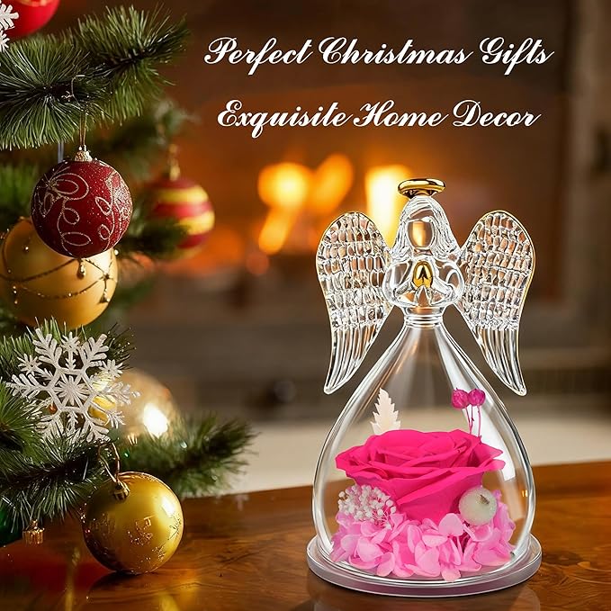 Sunia Preserved Flower Rose Gift for Women - Mother's Day Birthday Gifts for Mom Wife Grandma, Glass Angel Figurines Forever Real Roses Gifts for Her Valentine Day Thanksgiving﻿ (Rose red)