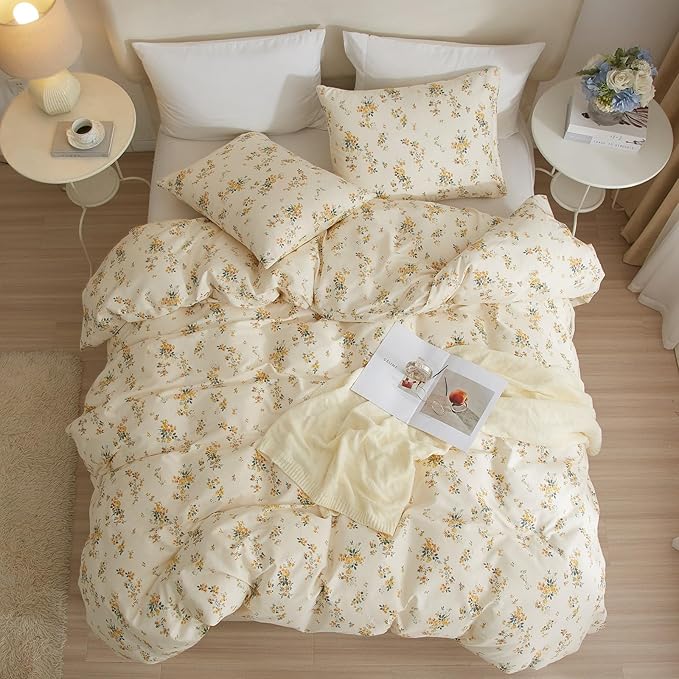 Yellow Floral Comforter Set Full Size Garden Style Flower Botanical Comforter Set Fluffy Soft Vintage Floral Bedding Set Full Chic Cottagecore Flowers Comforter with 2 Pillowcases for All Seasons