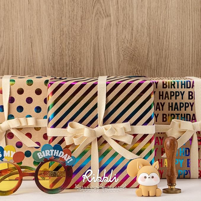 Ribbli Birthday Kraft Wrapping Paper Iridescent Gift Wrapping Paper Mini Roll, 3 Rolls Happy Birthday Polka Dots Stripes Printed Assortment - 17 inch x 120 inch(10feet) Per Roll