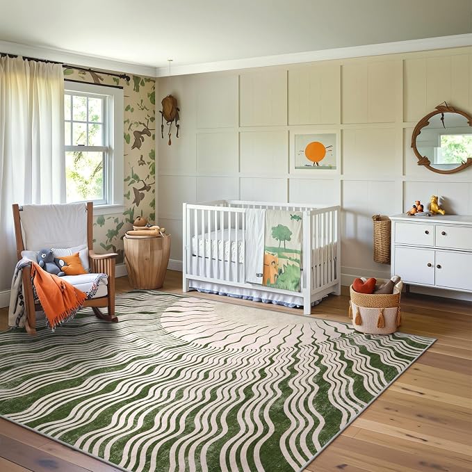 Hedlive Boho Washable Rug 6x9, Soft 6x9 Green Rugs for Living Room Classroom, Ultra-Thin Non Slip Bedroom Rug Stain Resistant Large Carpet for Dining Room Nursery(6'x9',Green/Multi)
