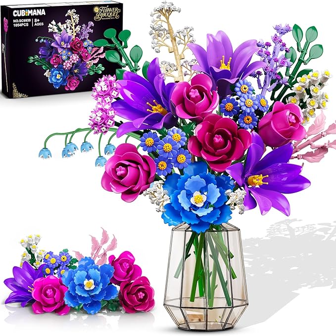 Flowers Bouquet Building Set with LED Light, 21 Flower Botanical Collection Building Block Toy, Rose Lily Home Plant Decor 1054PCS for Her Adults Women Kids Girls 12+ (Purple)