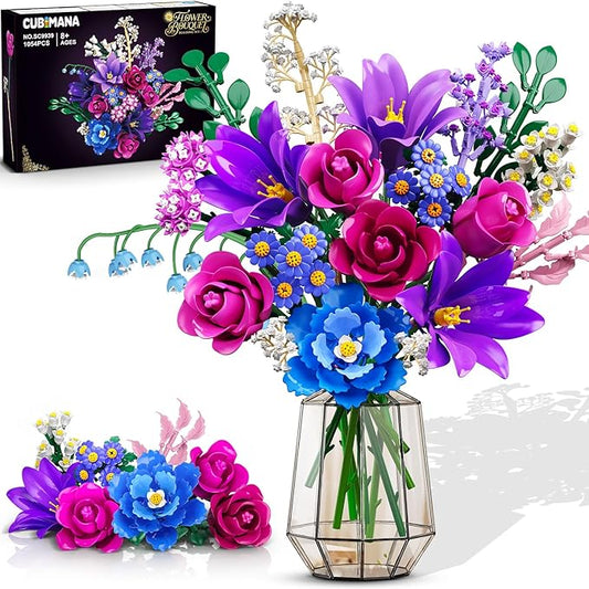 Flowers Bouquet Building Set with LED Light, 21 Flower Botanical Collection Building Block Toy, Rose Lily Home Plant Decor 1054PCS for Her Adults Women Kids Girls 12+ (Purple)