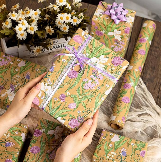 MAYPLUSS Kraft Floral Wrapping Paper Roll - 17Inch x 16.5Feet - Colorful Watercolor Boho Forest and Garden Flower Gift Wrap Green Wedding Gift Wrap for Birthday, Mothers Day, Bridal Shower, Engagement