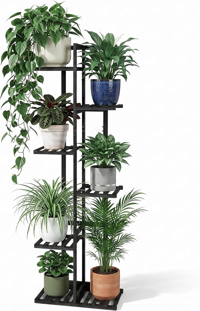 ROSSNY 48 Inch Tall Plant Stand Indoor, 6 Tier 7 Potted Bamboo Plant Stands for Indoor Plants, Corner Plant Stand, Tiered Plant Stands, Plant Shelf For Indoor, Planter Holder for Multiple Plants Indoor, Black