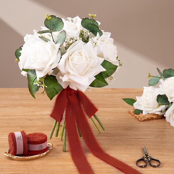 DORIS HOME Terracotta Chiffon Ribbon for Flower Bouquet, 1" x21Yd Fabric Ribbon for Gift Wrapping, Handmade Frayed Ribbon for Wedding Invitations/Christmas Decorations