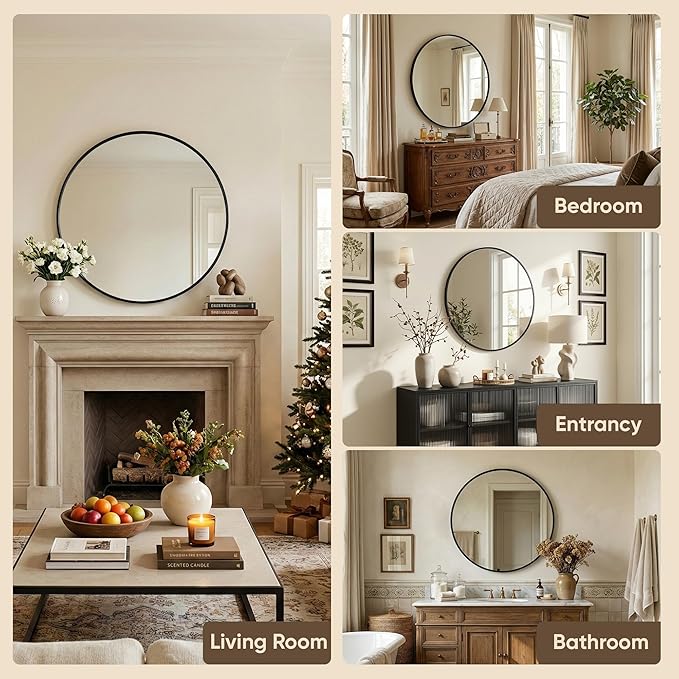 Antok 20 Inch Round Mirror for Wall, Round Bathroom Mirror, Circle Wall Mirrors with Black Metal Frame, Circle Mirrors Suitable for Wall, Bathroom, Vanity, Living Room, Entryway