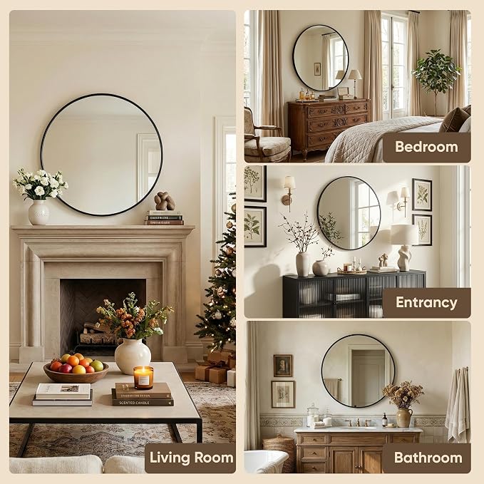 Antok 24 Inch 2PCS Round Mirror for Wall, Round Bathroom Mirror, Circle Wall Mirrors with Black Metal Frame, Circle Mirrors Suitable for Wall, Bathroom, Vanity, Living Room, Entryway