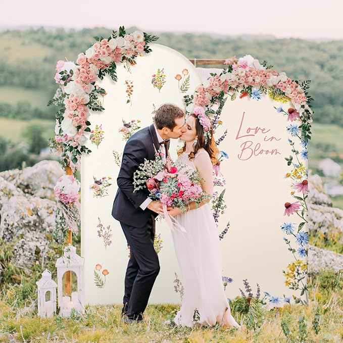 Chunful 2 Pcs Love in Bloom Bridal Shower Decorations 2-Sided Round Top Cute Wildflower Backdrop Arch Cover for Wedding Bridal Bride-to-be Engagement Wedding Party Supplies 6 ft/7.2 ft (Pink)