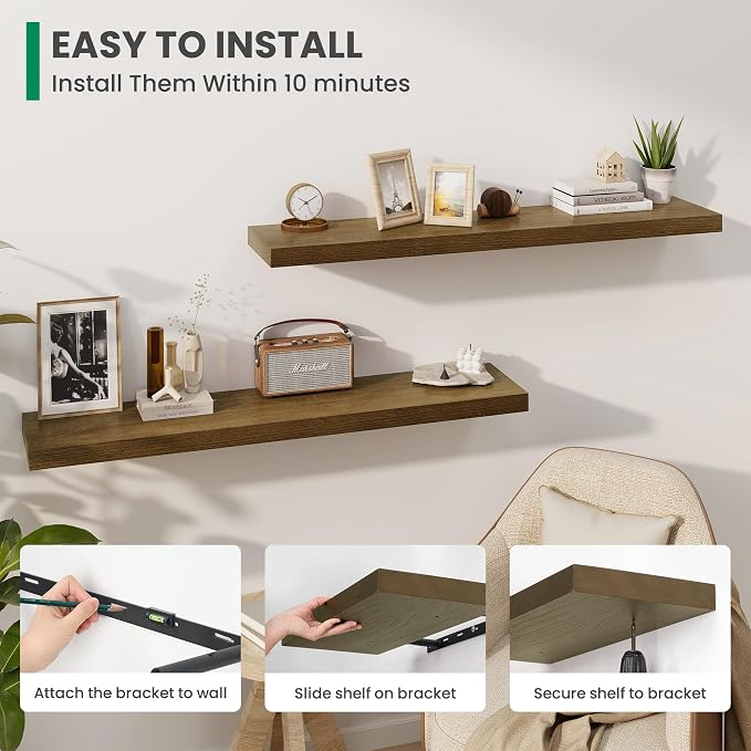 Solid Wood Floating Shelves For Wall, 48”W x 9”D x 1.56”H Large Wall Shelves for Living Room Bedroom Bathroom Kitchen Drcor Storage with Invisible Heavy-Duty Metal Bracket, Light Brown, Set of 1