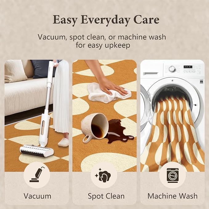 Caramel Dot Wave Area Rug 5 x 7 ft, Mid-Century Modern Geometric Rug, Brown Cream Abstract Washable Rug, Soft Low Pile Non-Slip Carpet for Living Room Bedroom Dining Room