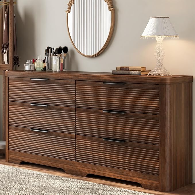 FUSUNBAO Fluted 6 Drawer Dresser, Modern Wood Dresser for Bedroom,TV Stand,Thickened Curved Profile Design,Bedroom,Entryway,Wood Drawer Organizer (Dark Walnut)