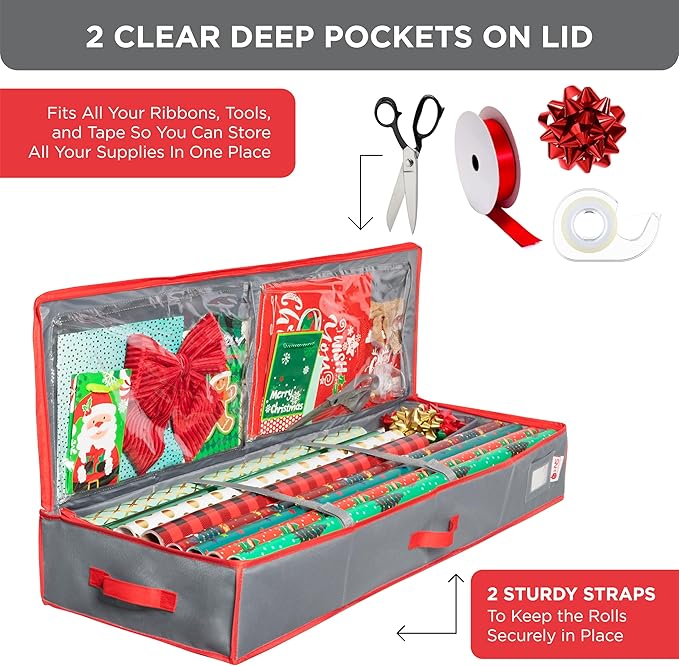 HOLDN' STORAGE Premium Wrapping Paper Storage Container - Durable 600D Tear-Proof, Fits 27 Rolls Gift Wrap, Extra Pockets for Ribbons & Bows, Underbed Storage - Ideal for Holiday Christmas, Grey/Red Trim