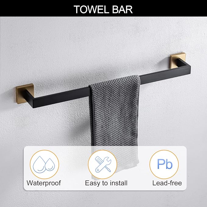 5 Pieces Bathroom Hardware Accessories Set Black and Gold Towel Bar Set,Wall Mounted Stainless Steel,23.6 Inch