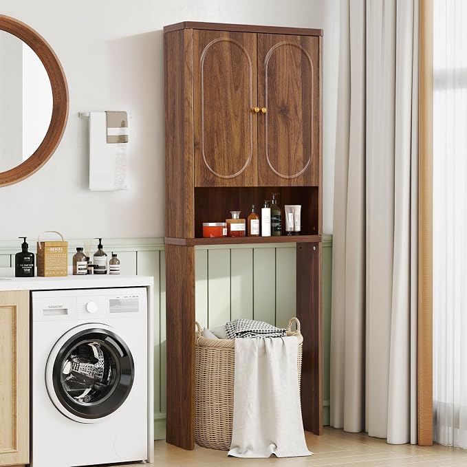 ORRD Fluted Over The Toilet Storage Cabinet, Bathroom Toilet Storage Cabinet with Door, Wood Curved Over The Toilet Space Saver Cabinets for Restroom Bathroom, Walnut
