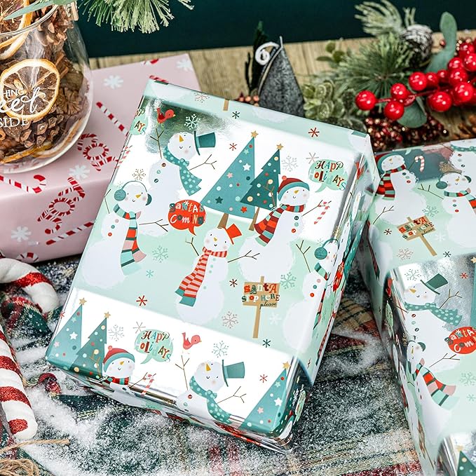 MAYPLUSS Snowman Christmas Wrapping Paper, Metallic Foil Reversible Winter Wonderland Festive Gift Wrap with Snowmen and Candy Cane Design for Present, Holiday Gift Packaging (17 Inch X 33 Feet)