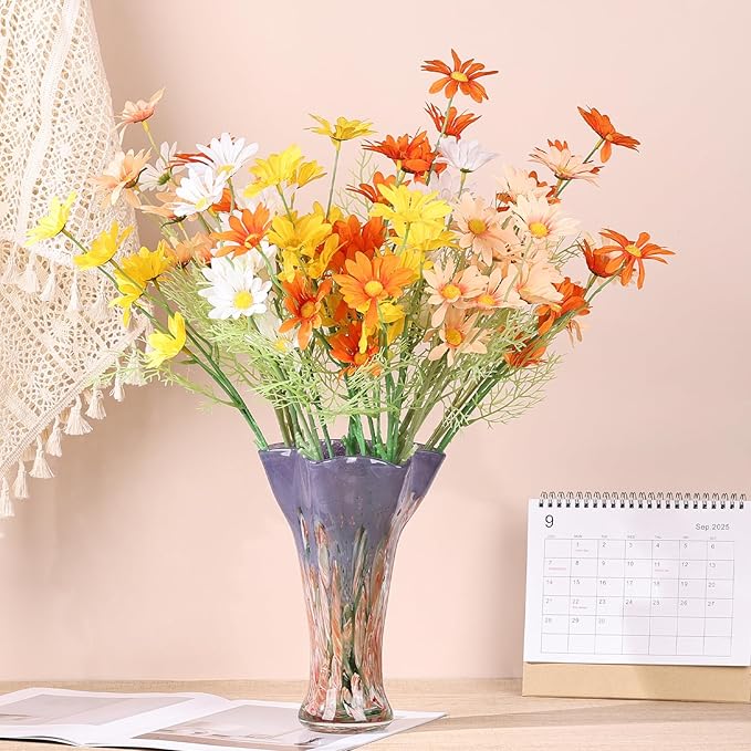 9.0" H Red Glass Vases for Flowers, Hand Blow Glass Vase Red Home Decor, Wide Mouth Blue Flower Vase Centerpieces, for Bookshelf,Dinner Table,Indoor Office Desktop,Meeting Room,Bathroom,Countertop
