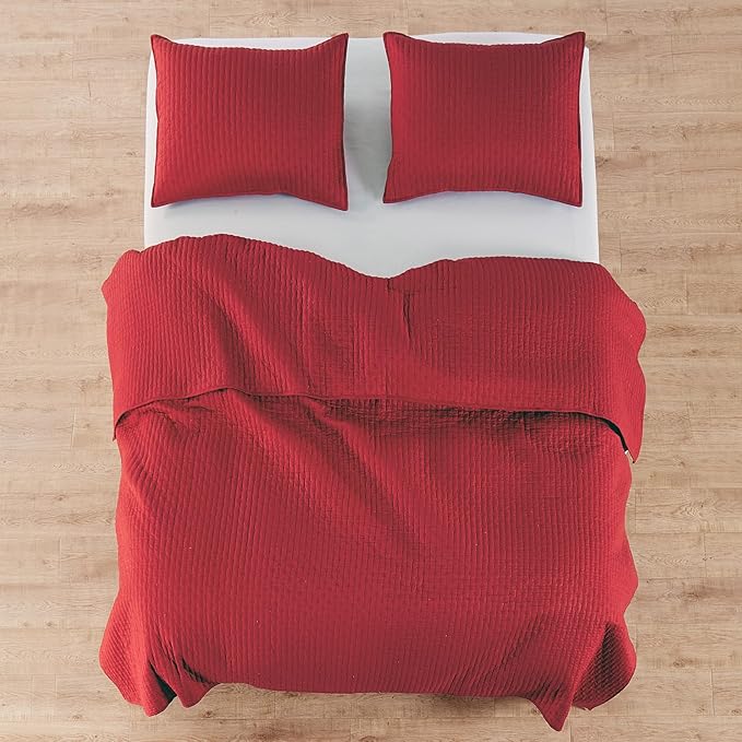 Levtex Home Cross Stitch Reversible Twin Bedspread Set (84x104in) with 1 Pillow Sham (26x20in) - Stitch Texture - Chile Red - Cotton Twin Size Bedspread Set - Lightweight, Soft, Pre-Washed
