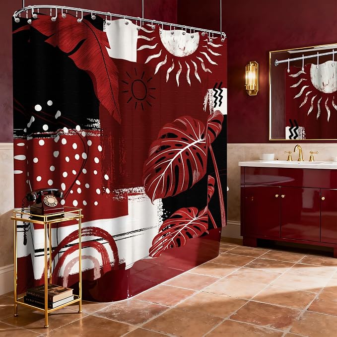 Extra Long Shower Curtain Extra Tall Black and Red XL Burgundy Tropical Leaf Shower Curtains for Large Bathroom Decor Sets, Waterproof Cloth Fabric with Hooks, 108x72 Inch