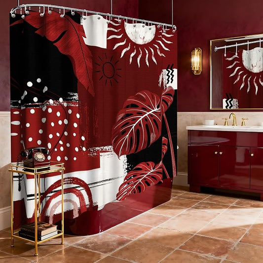 Extra Long Shower Curtain Extra Tall Black and Red XL Burgundy Tropical Leaf Shower Curtains for Large Bathroom Decor Sets, Waterproof Cloth Fabric with Hooks, 108x72 Inch