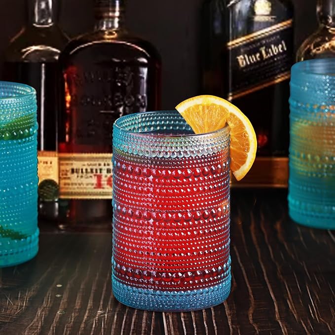 Hobnail-Drinking Glasses 13oz Vintage Glassware Sets Cocktail Juice Glasses Set of 6, Aqua