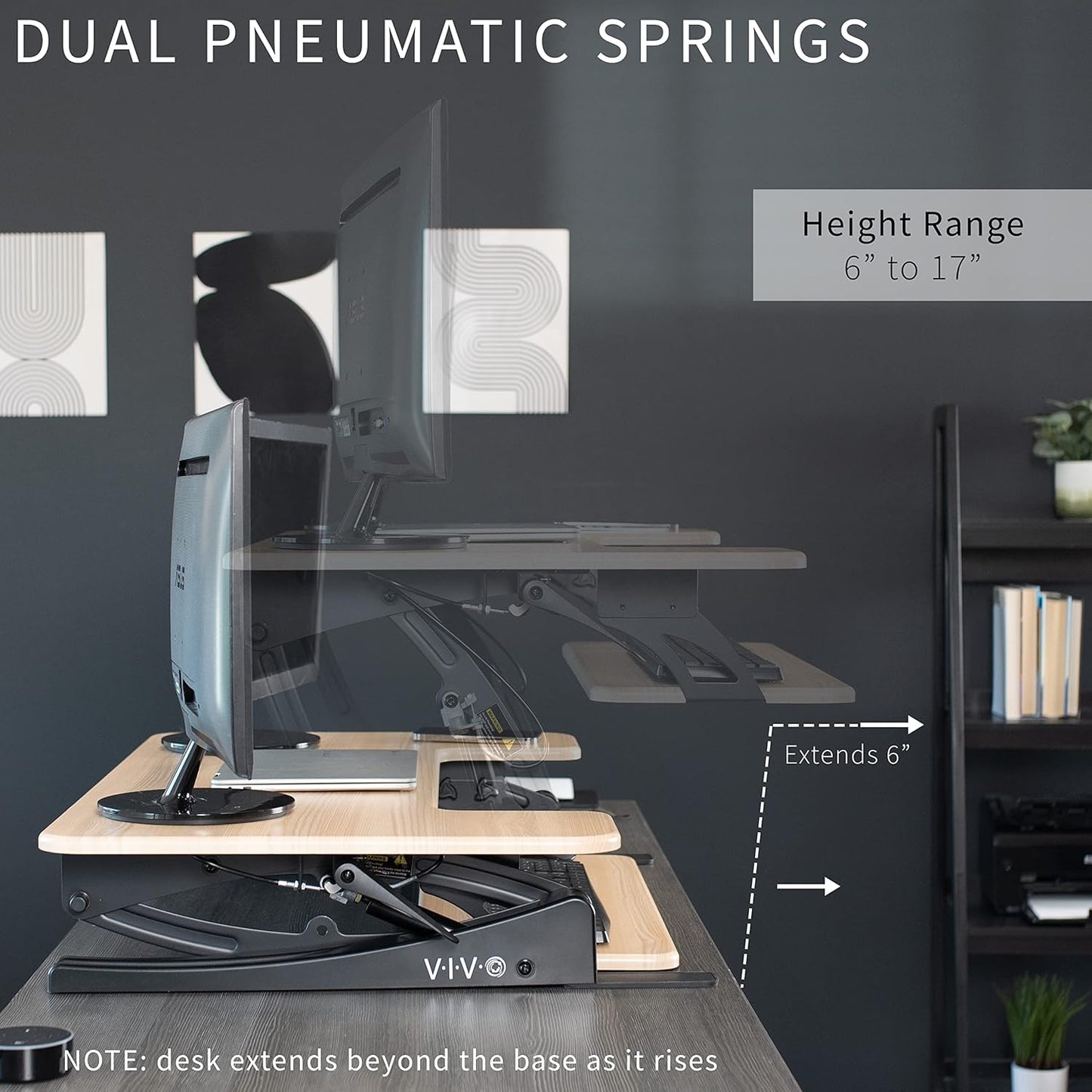VIVO Height Adjustable Stand Up Desk Converter - Quick Sit to Stand Dual Monitor Riser | Light Wood Top, Black Frame
