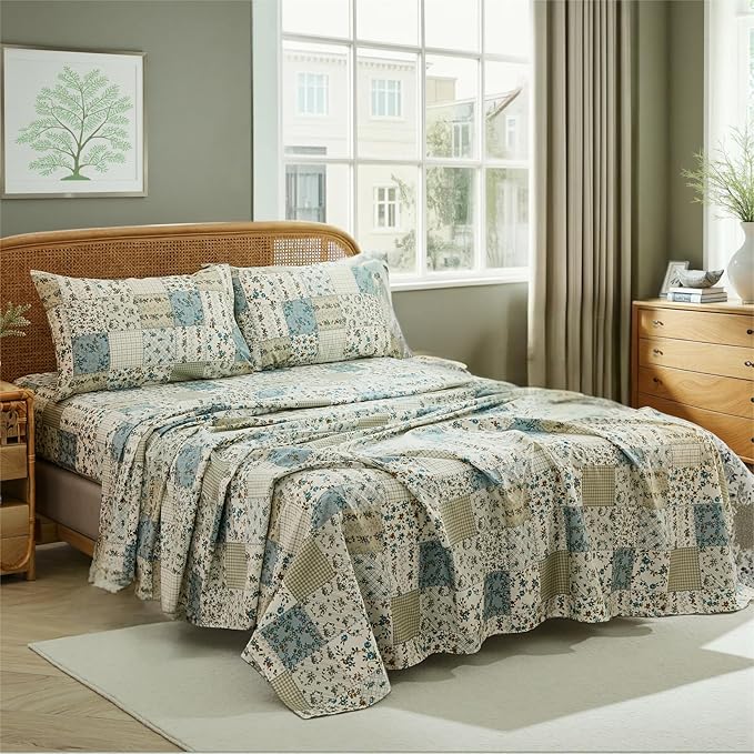 Shabby Chic Floral Patchwork Sheets Set King Size, Crisp Cooling Sheets with a Smooth Cotton Percale Lightweight Feel, 4 Pieces Luxury Soft Deep Pocket Fitted Sheet 17.5''