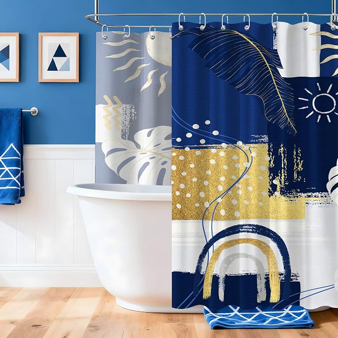 Extra Long Shower Curtain Extra Tall Blue and White XL Navy Blue and Gold Abstract Shower Curtains for Large Bathroom Decor Sets, Waterproof Cloth Fabric with Hooks, 108x72 Inch