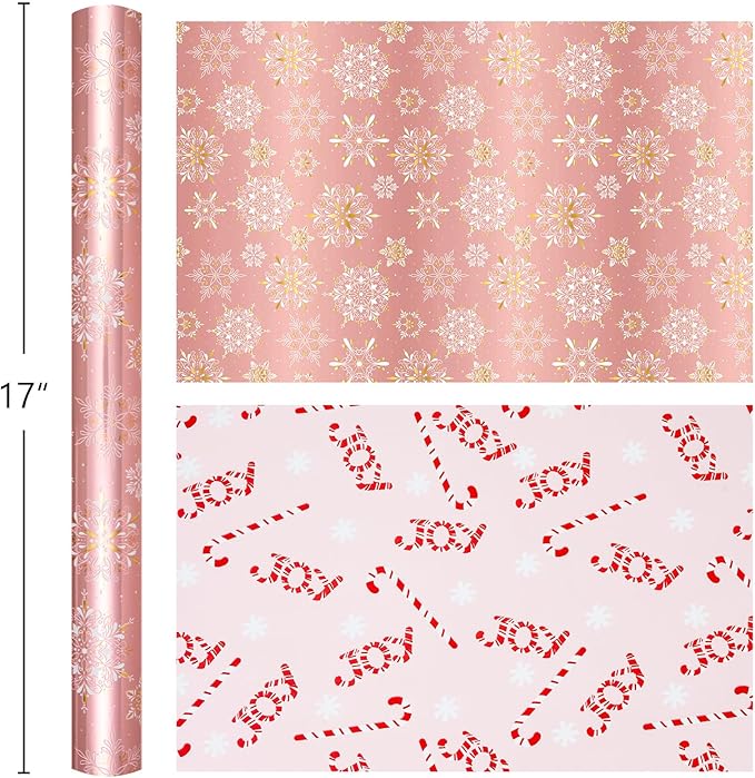 MAYPLUSS Pink Christmas Wrapping Paper Roll - 17IN X 33FT - Gift Wrapping Paper Featuring Gold and White Snowflake Reversible Candy Cane for Kids, Holiday, New Year