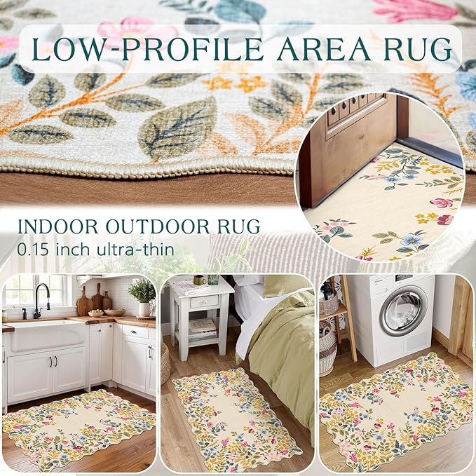 Front Door Mat Outside Entrance - 2x3 Beige Colorful Floral Non-Slip Washable Doormat Indoor Outdoor Mat Boho Vintage Entry Rug Small Throw Rugs for Entryway Kitchen Front Porch Decor