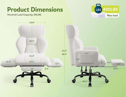 DurayLoly Ergonomic Big and Tall Office Chair - Adjustable Arms, Footrest & Comfortable Fabric - White