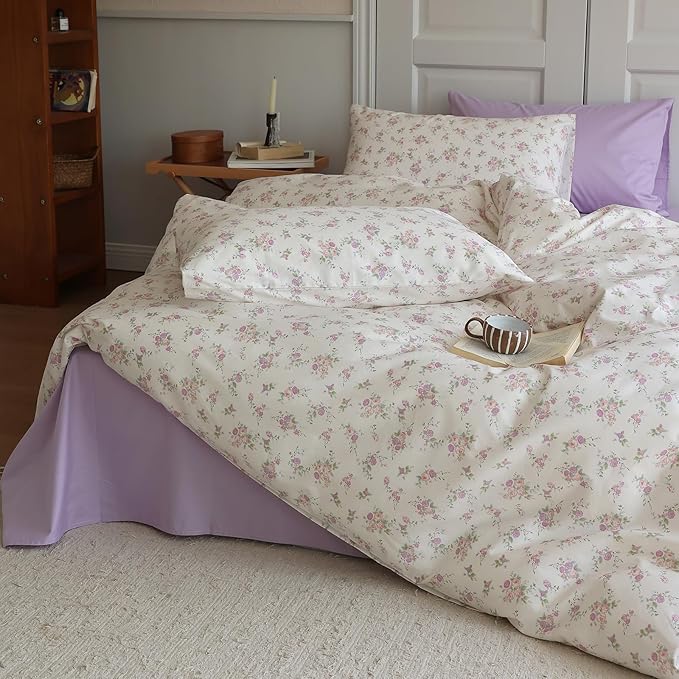 Vintage Floral Comforter Set King 3 Pieces Boho Floral Bedding Comforter Fluffy Soft Botanical Flowers Comforter with 2 Pillowcases Cottagecore Bedding Set Pink Purple Flowers King Comforter Set