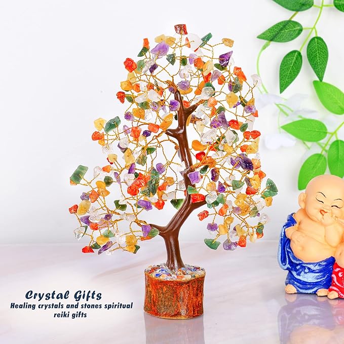 YATHABI Chakra Tree Sculpture - Mix Chakra Golden Wire Crystal Bonsai Tree - Positive Energy, Meditation Decor, Spiritual Gift