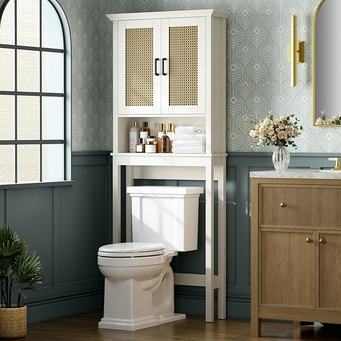 Over The Toilet Storage Cabinet, Over Toilet Storage Cabinet with Rattan Door and Anti-Tip, Above the Toilet Storage for Bathroom Behind the Toilet Bathroom Organizer, Rattan
