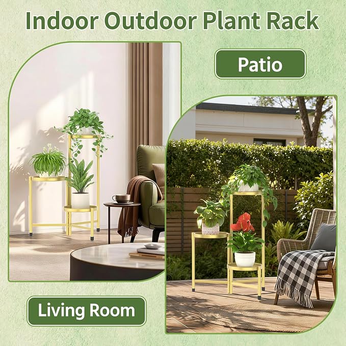 LASZOLA 3 Tier Large Plant Stand Indoor Tall with 10 Inch Metal Tray, Corner Folding Flower Display Rack, Modern Plant Holder Shelf for Outdoor Patio Porch Garden Office Living Room, Gold