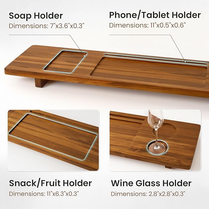 Teak Bathtub Tray - Wood Bath Caddy Tray 35" for Large Tubs - Adjustable Bathtub Table Trays - Luxury Shower Organizer for Home Spa Relaxation and Reading - Light Walnut Color