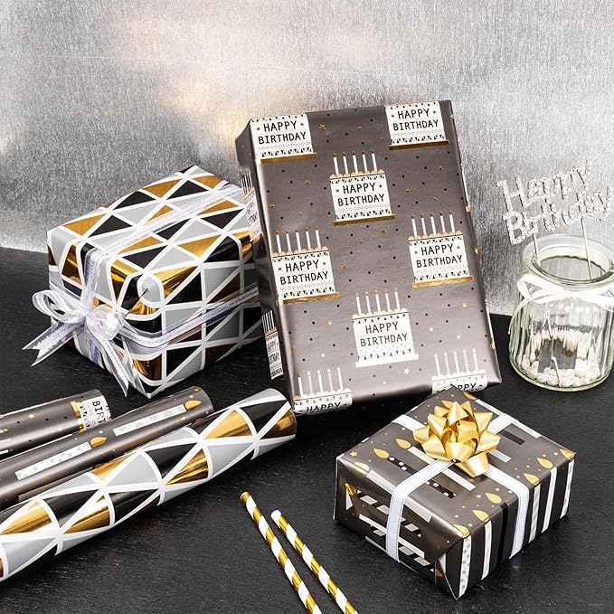 MAYPLUSS Birthday Wrapping Paper Roll 17 IN *120 IN Per Roll, Black and Gold Gift Wrapping Paper Mini Roll, 3 Rolls, Triangles Candle Geometry Pattern With Gold Foil for Birthday, Party All Occassions