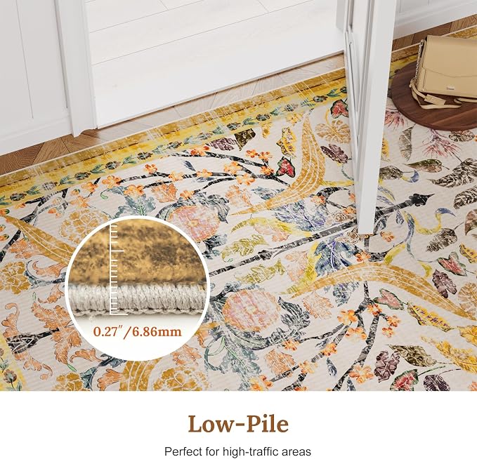 AMTOVO 8x10 Washable Area Rugs for Living Room, Non-Slip&Non-Shedding Large Soft Boho Floral Vintage Print Carpet for Bedroom Dining Room Farmhouse Nursery Kids Room Home Office, Golden Yellow